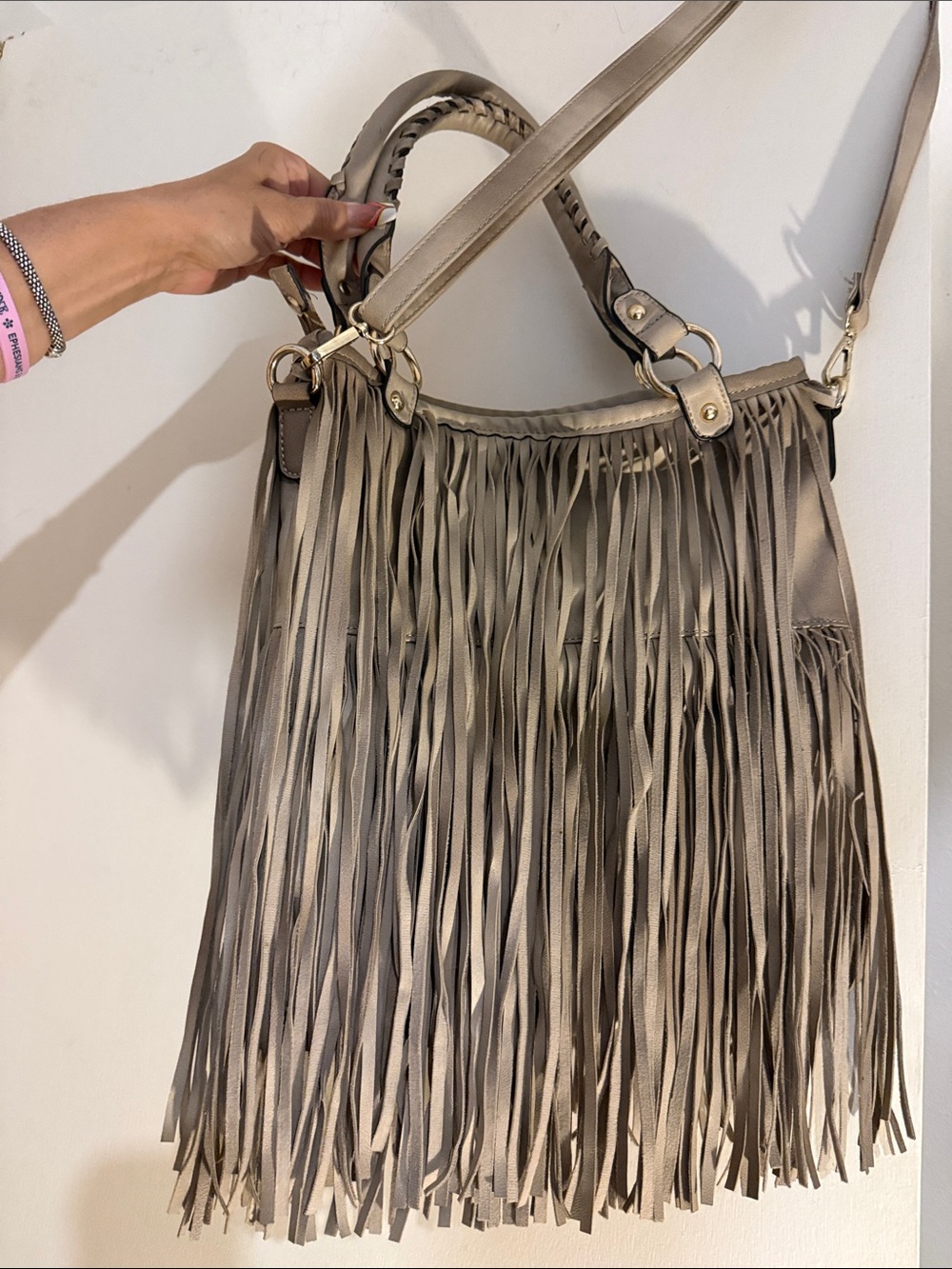 Fringe Crossbody Shoulder Bag in Taupe